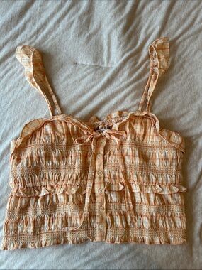 American Eagle Outfitters Peach Plaid Smocked Ruffle Cami
